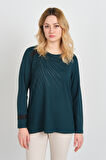 Detay Triko Kadın Taş İşlemeli Bisiklet Yaka Yanları Yırtmaçlı Anne Bluz 5750 Zümrüt