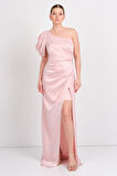 Saygın Kadın Tek Omuz Saten Maxi Abiye Elbise 5643 Pudra