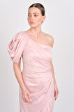 Saygın Kadın Tek Omuz Saten Maxi Abiye Elbise 5643 Pudra