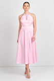 Saygın Kadın Halter Yaka Saten Midi Abiye Elbise 5624 Pembe