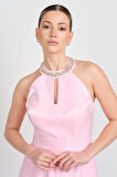 Saygın Kadın Halter Yaka Saten Midi Abiye Elbise 5624 Pembe