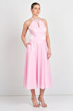Saygın Kadın Halter Yaka Saten Midi Abiye Elbise 5624 Pembe