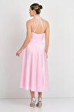 Saygın Kadın Halter Yaka Saten Midi Abiye Elbise 5624 Pembe