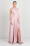 Saygın Kadın Halter Yaka ve Yakası Taş Detaylı A Kesim Maxi Abiye Elbise 5619 Pudra
