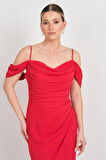 Saygın Kadın İp Askılı Drapeli Yırtmaçlı Uzun Abiye Elbise 5625 Kırmızı