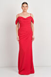 Saygın Kadın İp Askılı Drapeli Yırtmaçlı Uzun Abiye Elbise 5625 Kırmızı