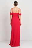 Saygın Kadın İp Askılı Drapeli Yırtmaçlı Uzun Abiye Elbise 5625 Kırmızı