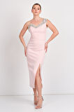 Balen Kadın Taş İşlemeli Tek Omuz Detaylı Midi Abiye Elbise 5136 Pudra