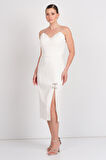 Balen Kadın Askılı Krep Kumaş Midi Abiye Elbise 5102 Ekru