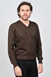 Woolen World Erkek V Yaka Desenli Yün Kazak 5597802 Kahverengi