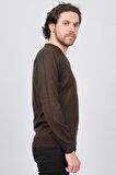 Woolen World Erkek V Yaka Desenli Yün Kazak 5597802 Kahverengi
