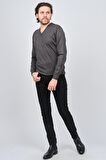 Woolen World Erkek V Yaka Desenli Yün Kazak 5597802 Füme