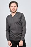Woolen World Erkek V Yaka Desenli Yün Kazak 5597802 Füme