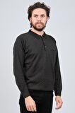 Çizgi Triko Erkek Cep Detaylı Polo Yaka Desenli Kazak 42544232 Koyu Gri