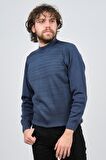 Çizgi Triko Erkek Yarım Balıkçı Yaka Desenli Kazak 42564225 Indigo