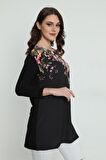 Ella Camelia Kadın Çiçek Desenli Uzun Bluz 5010069 Siyah