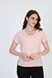 Ella Camelia Kadın Yakası ve Kolları Simli Şerit Detaylı Bluz 5010022 Pudra