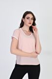 Ella Camelia Kadın Yakası ve Kolları Simli Şerit Detaylı Bluz 5010022 Pudra