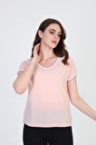 Ella Camelia Kadın Yakası ve Kolları Simli Şerit Detaylı Bluz 5010022 Pudra