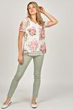 Ella Camelia Kadın Çiçek Desenli Penye Bluz 501202023 Ekru