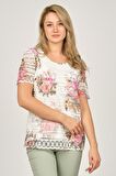 Ella Camelia Kadın Çiçek Desenli Penye Bluz 501202023 Ekru