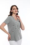 Ella Camelia Kadın İşlemeli V Yaka Bluz 5011078 Gri