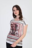 Ella Camelia Kadın Etnik Desenli Bluz 5010071 Ekru