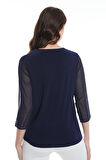 Ella Camelia Kadın Kolları Tül Detaylı Bluz 19E040 Lacivert
