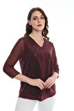 Ella Camelia Kadın Kolları Tül Detaylı Bluz 19E040 Bordo