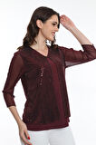 Ella Camelia Kadın Kolları Tül Detaylı Bluz 19E040 Bordo
