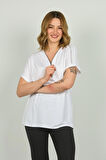 Ella Camelia Kadın Fermuarlı Kısa Kol Bluz 20E038 Beyaz