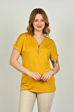 Ella Camelia Kadın Fermuarlı Kısa Kol Bluz 20E038 Hardal
