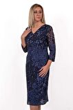 Ezze Kadın Büyük Beden Payet Detaylı Şık Abiye Elbise 2292 Lacivert