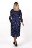 Ezze Kadın Büyük Beden Payet Detaylı Şık Abiye Elbise 2292 Lacivert