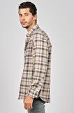 De Leone Erkek Çizgili Uzun Kollu Yün Apre Gömlek 0171101 Bej