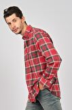 De Leone Erkek Çizgili Uzun Kollu Yün Apre Gömlek 0171109 Kırmızı
