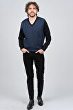 Pave Erkek V Yaka Desenli Yün Kazak 4539082 Lacivert