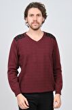 Desen Triko Erkek V Yaka Saf Yün Kazak 0246538 Bordo