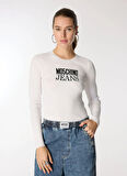 Moschino Jeans Yuvarlak Yaka Standart Baskılı Beyaz Kazak Kadın J0926-3002
