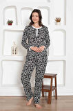 Kadın Çiçek Desen Bisiklet Yaka 3 Düğmeli %100 Pamuk Penye İnce Yazlık Uzun Kol Pijama Takımı