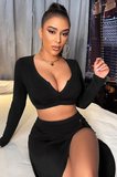 Kadın Siyah Uzun Kol Göğüs ve Göbek Dekolteli Fermuarlı Crop Top Bluz