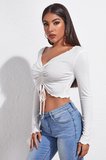 Kadın Beyaz Uzun Kollu Büzdürme Bağcık Detaylı Crop Top Bluz