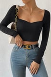 Kadın Siyah Uzun Kol Göğüs Dekolteli Şık Crop Top Bluz