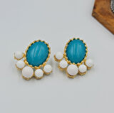 Mavi ve Beyaz Taş Detaylı Gold Küpe – Şık ve Zarif, Modern Tasarım (3 x 3 cm)