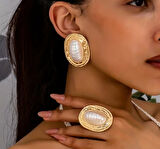 Beyaz Mine Taşlı Gold Renkli  Oval Takı Seti – Küpe & Yüzük Kombini