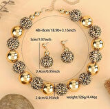 Ahşap Boncuklu Gold-Leopar Kolye Küpe Takı Seti