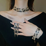 Gold Leopar Desenli Taşlı Şık Sallantılı Küpe Choker Kolye Su Yolu Bileklik Set