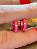 Pembe Mineli Gold Detaylı Şık Çelik Yazlık Halka Küpe Kadın Küpe 1,3 cm
