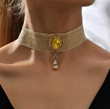 Sitrin Taş Detaylı Şık Vintage Esintili Su Damlası Choker Dantel Kolye