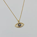 Gold Nazar Göz Figürlü Taşlı Çelik Kolye – Kararmaz, Ayarlanabilir, 40+5 cm (1 mm Zincir)